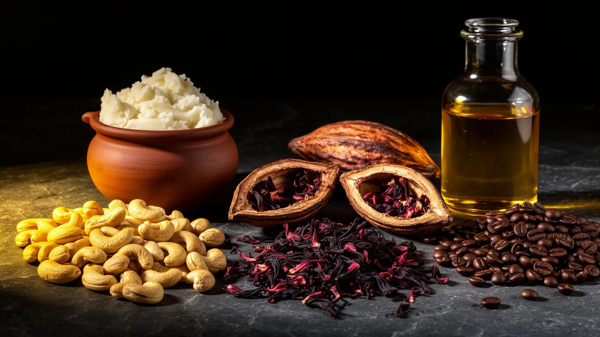 African commodities — cashews, shea butter, cocoa, hibiscus, coffee, palm oil